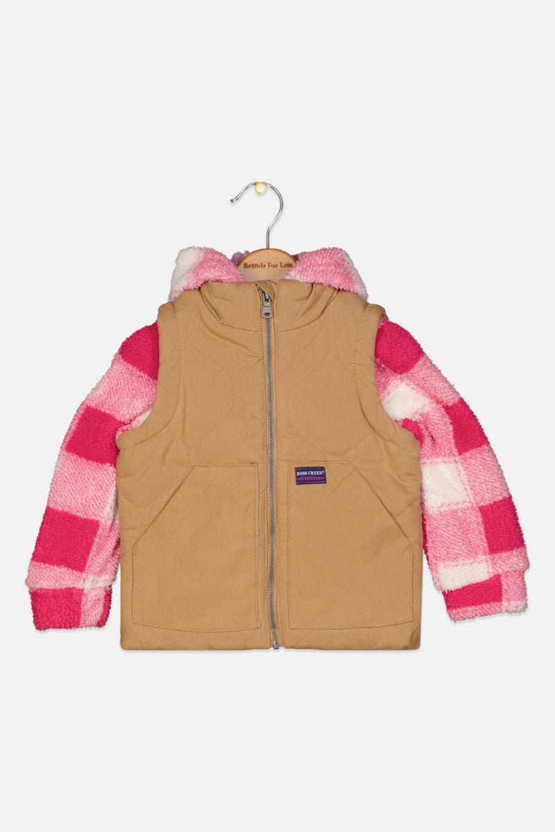 Bass Creek Outfitters جاكيت مخطط بغطاء رأس للفتيات الصغيرات، بني - Image 1