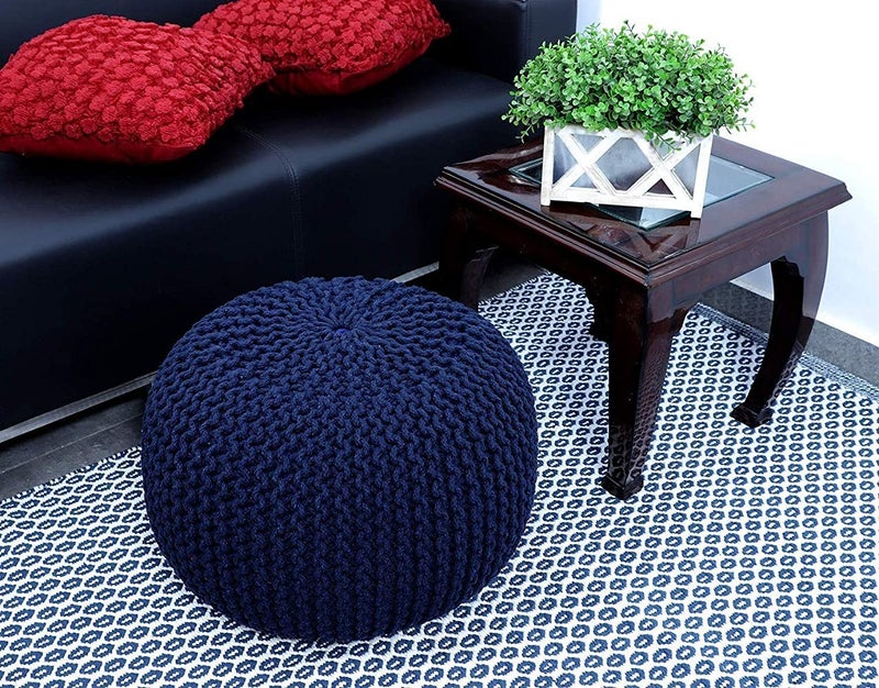 ALCITIC HOME ALCITIC HOME Pouf for Living Room Sitting Round Ottoman Bean Filled Stool for Foot Rest Home Furniture Rope Twisted Navy Blue Bean Bag  - Image 1