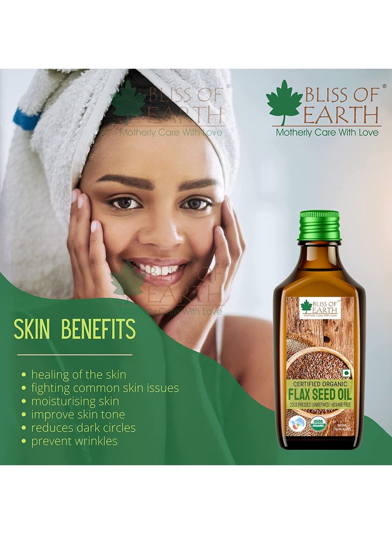 BLISS OF EARTH Pure Natural Organic Flaxseed Oil, Plan Based Omega Rich Cold Pressed & Hexane Free for Healthy Hair & Skin, 500ml. - Image 3