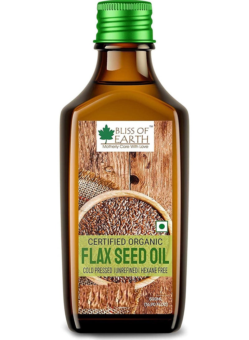BLISS OF EARTH Pure Natural Organic Flaxseed Oil, Plan Based Omega Rich Cold Pressed & Hexane Free for Healthy Hair & Skin, 500ml. - Image 1