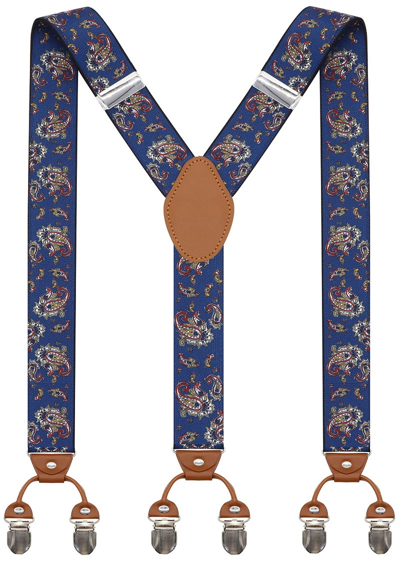 Bioterti Menâ€™s Y-Shaped Heavy Duty Suspenders â€“ 6 Metal Clips, Elastic Straps (Navy Paisley) - Image 1