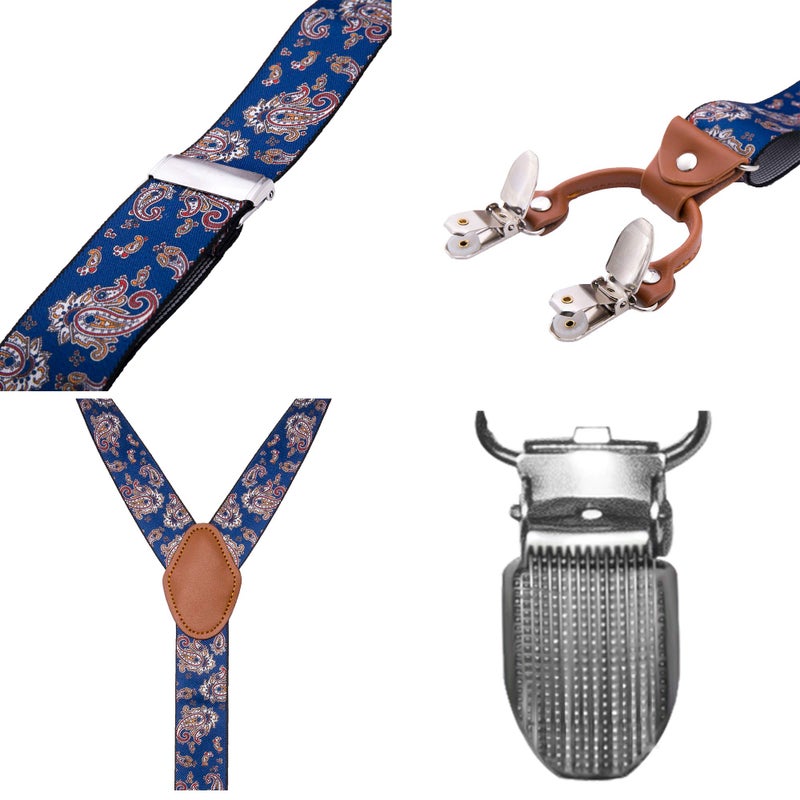 Bioterti Menâ€™s Y-Shaped Heavy Duty Suspenders â€“ 6 Metal Clips, Elastic Straps (Navy Paisley) - Image 3