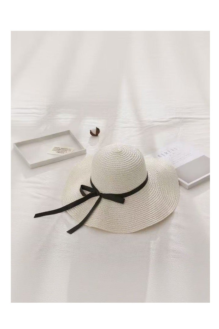 بيوتيفول قبعة شمس صيفية نسائية بشريط أسود وقبعة ذات حافة واسعة وقبعة حوض للبالغين قابلة للطي للحماية من الشمس - Image 1