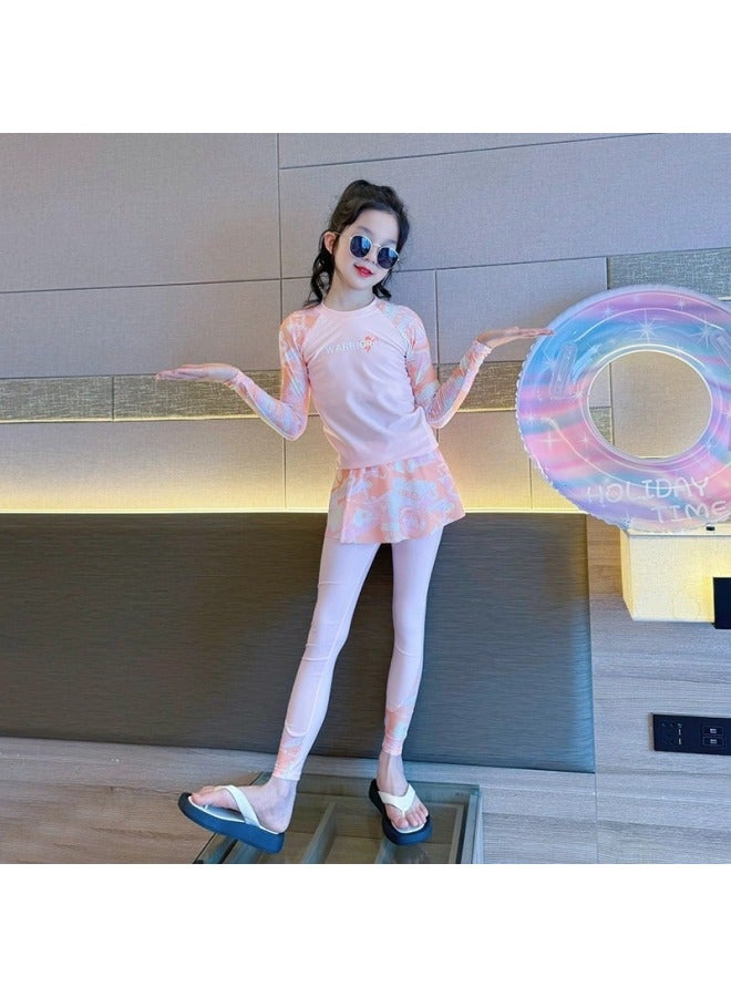 Generic Children's Swimwear Girls' Split Long Sleeve Sunscreen Swimwear Junior High School Sweet Girl Swimwear Suit-Color:Child 7394 Orange-Size:3xl Code ( 35-40kg )  - Image 1