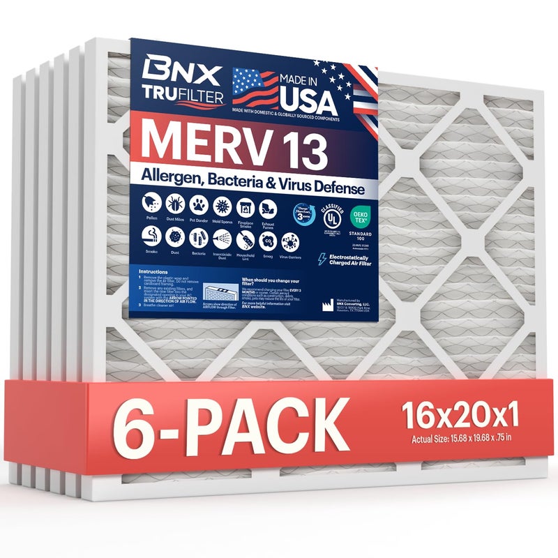 BNX TruFilter 16x20x1 Air Filter MERV 13 (6-Pack) - MADE IN USA - Electrostatic Pleated Air Conditioner HVAC AC Furnace Filters for Allergies, Pollen, Mold, Bacteria, Smoke, Allergen, MPR 1900 FPR 10 - Image 1