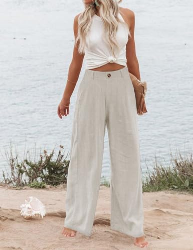 Hooever Womens Cotton Linen Pants Casual Button Up High Waisted Wide Leg Trousers(haki-XL) Khaki - Image 3