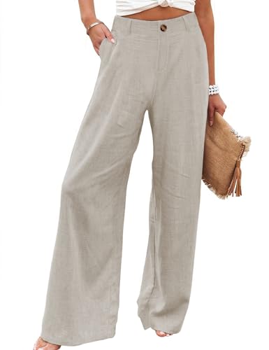 Hooever Womens Cotton Linen Pants Casual Button Up High Waisted Wide Leg Trousers(haki-XL) Khaki - Image 1