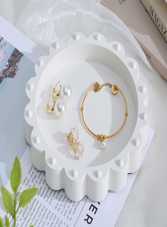 Aotea Crafts - Beaded Scalloped Jewelry Dish Tray Plate - Modern Aesthetic Ring Dish - Concrete Handcrafted Trinket Tray - Smooth Texture - Ivory White - 6.3 inch - Image 1