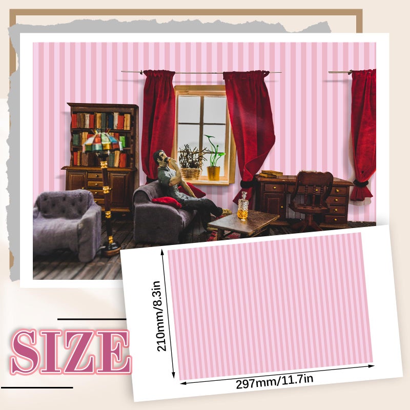 Flutesan 12 Pcs Miniature Dollhouse Wallpaper and Flooring Peel and Stick Mini DIY Self Adhesive Dollhouse Accessories 8.27 x 11.69 Inch (Pink Stripes) - Image 2