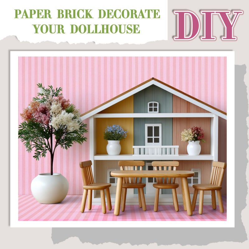 Flutesan 12 Pcs Miniature Dollhouse Wallpaper and Flooring Peel and Stick Mini DIY Self Adhesive Dollhouse Accessories 8.27 x 11.69 Inch (Pink Stripes) - Image 4