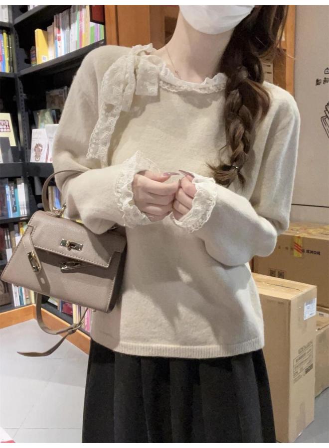 Leyuan Autumn Winter Lace Trim Long Sleeve Knitted Top Coat Round Neck Red Pullover Women's Sweater - Image 3