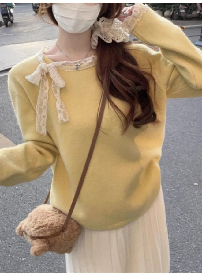 Leyuan Autumn Winter Lace Trim Long Sleeve Knitted Top Coat Round Neck Red Pullover Women's Sweater - Image 2