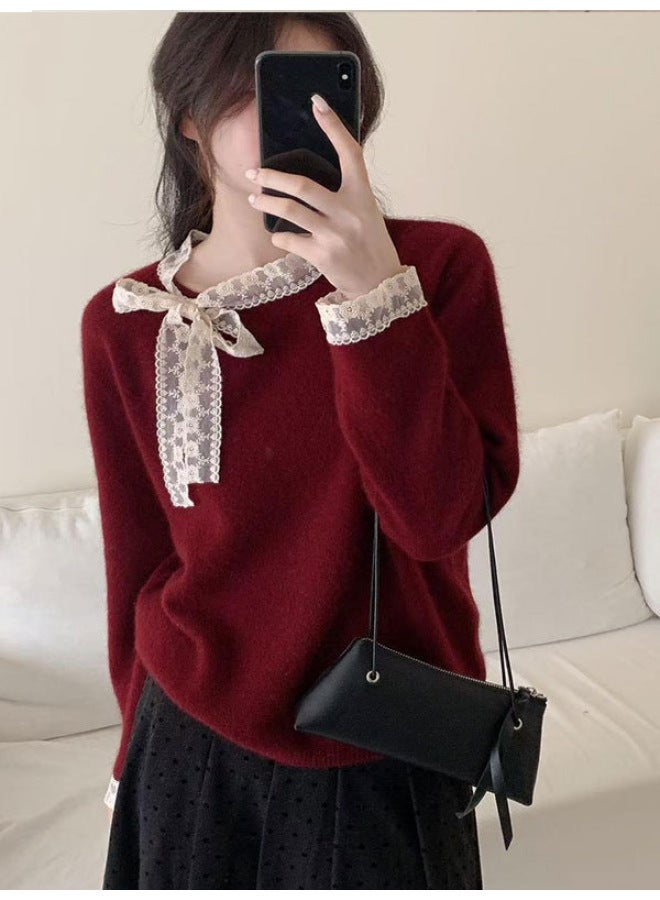 Leyuan Autumn Winter Lace Trim Long Sleeve Knitted Top Coat Round Neck Red Pullover Women's Sweater - Image 5