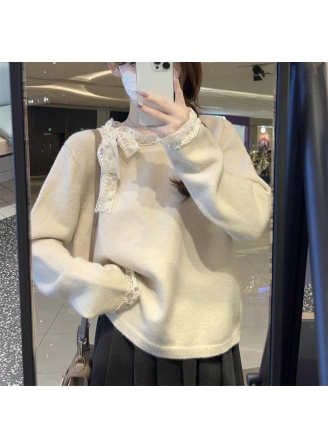 Leyuan Autumn Winter Lace Trim Long Sleeve Knitted Top Coat Round Neck Red Pullover Women's Sweater - Image 1