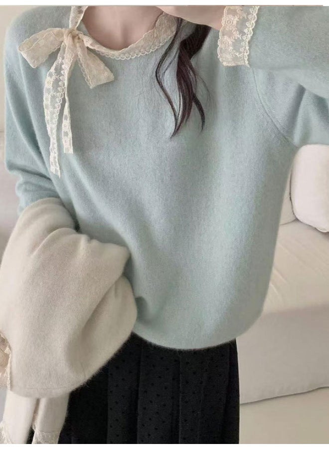 Leyuan Autumn Winter Lace Trim Long Sleeve Knitted Top Coat Round Neck Red Pullover Women's Sweater - Image 4