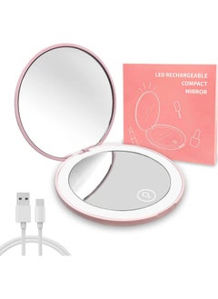 Kimaya LED Travel Makeup Mirror, 3.5 inch Lighted Compact Mirror, 10X Magnification, Handheld 2-Sided Pocket Mirror, Travel Mirror, Portable Folding Mirror For Handbag, Purse, Gifts for Girls (Pink)  - Image 1