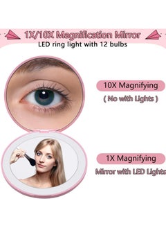 Kimaya LED Travel Makeup Mirror, 3.5 inch Lighted Compact Mirror, 10X Magnification, Handheld 2-Sided Pocket Mirror, Travel Mirror, Portable Folding Mirror For Handbag, Purse, Gifts for Girls (Pink)  - Image 3