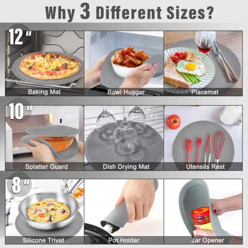 KooMall 12 10 8 Inch Multi-use Microwave Mat, Trivet, Pot Holders, Drying, Baking, Place Mat, Utensils Rest, Silicone Cover Pad for Hot Pot Pans Bowls Plates Dishes Kitchen Counter,Heat Resistant,Gray - Image 2