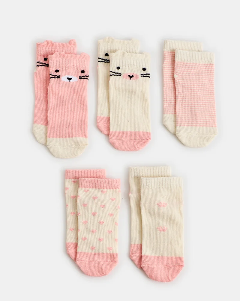 Redtag Infant Girls Assorted Jacquard Ankle Length Socks (5 Pack)