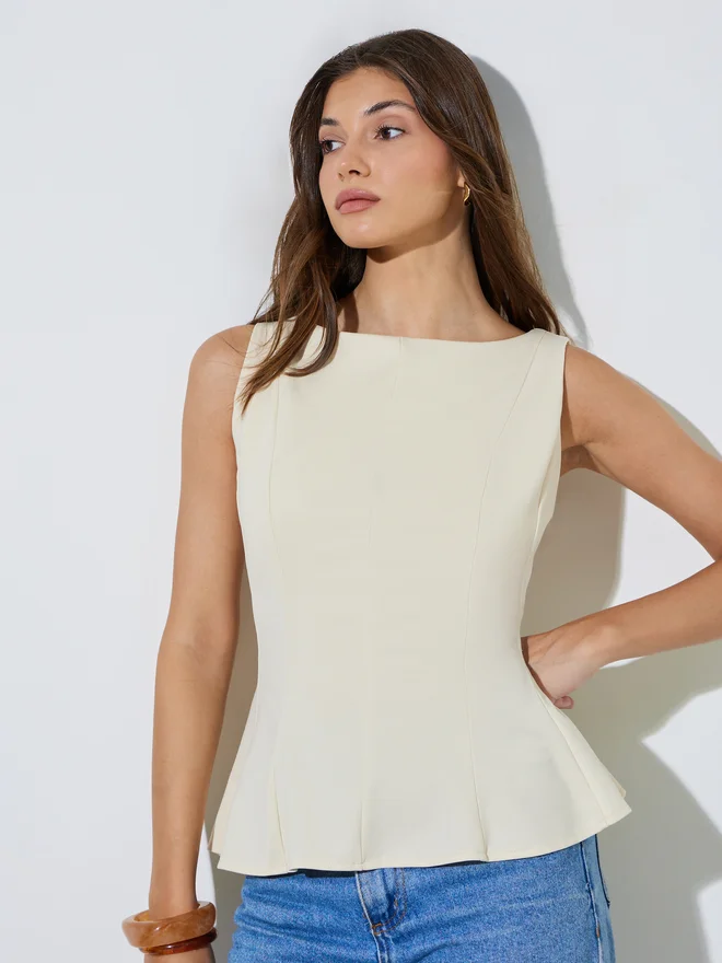 Styli Styli Off White Seam Detail Peplum Top
