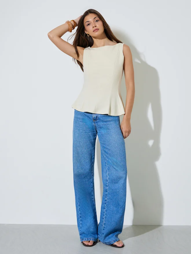 Styli Styli Off White Seam Detail Peplum Top