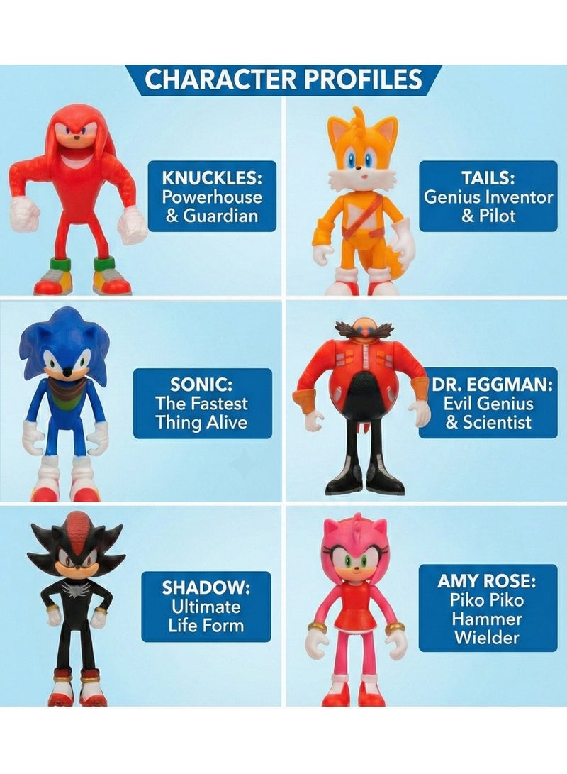 سونيك مجموعة شخصيات سونيك القنفذ 3 - مجموعة ألعاب مكونة من 6 قطع تضم سونيك، شادو، تيلز، ناكلز، إيمي روز، ودكتور إيغمان | مجسمات شخصيات أفلام قابلة للتجميع | زينة للكيك وهدية رائعة لأعياد الميلاد، رمضان، والعيد للأطفال من عمر 3 سنوات فما فوق - Image 3