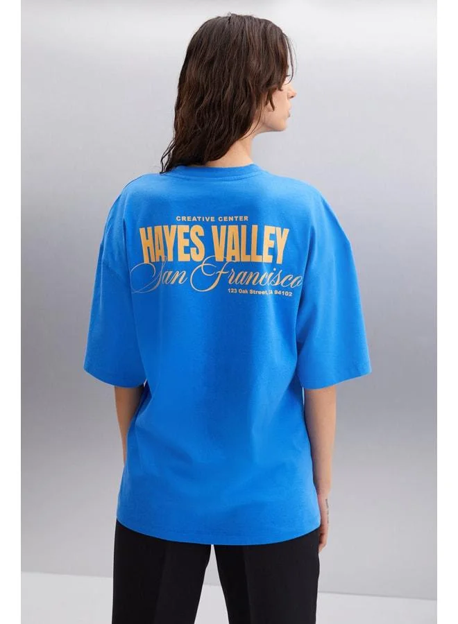 GRIMELANGE Gıllıan Women's Front and Back Print Detailed Oversized & 100% Organic Cotton Parliament Blue T‑shirt.