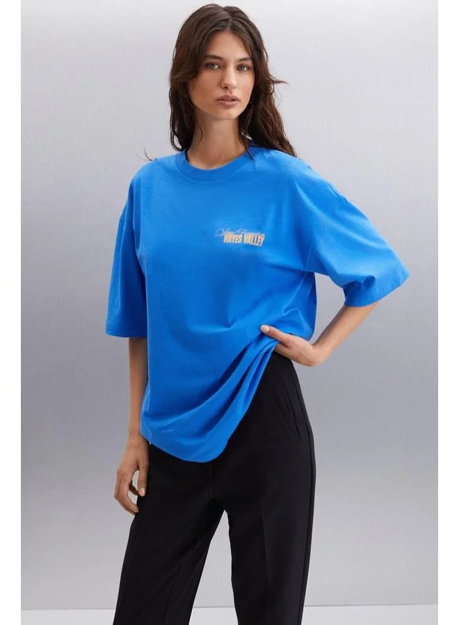 GRIMELANGE Gıllıan Women's Front and Back Print Detailed Oversized & 100% Organic Cotton Parliament Blue T‑shirt.