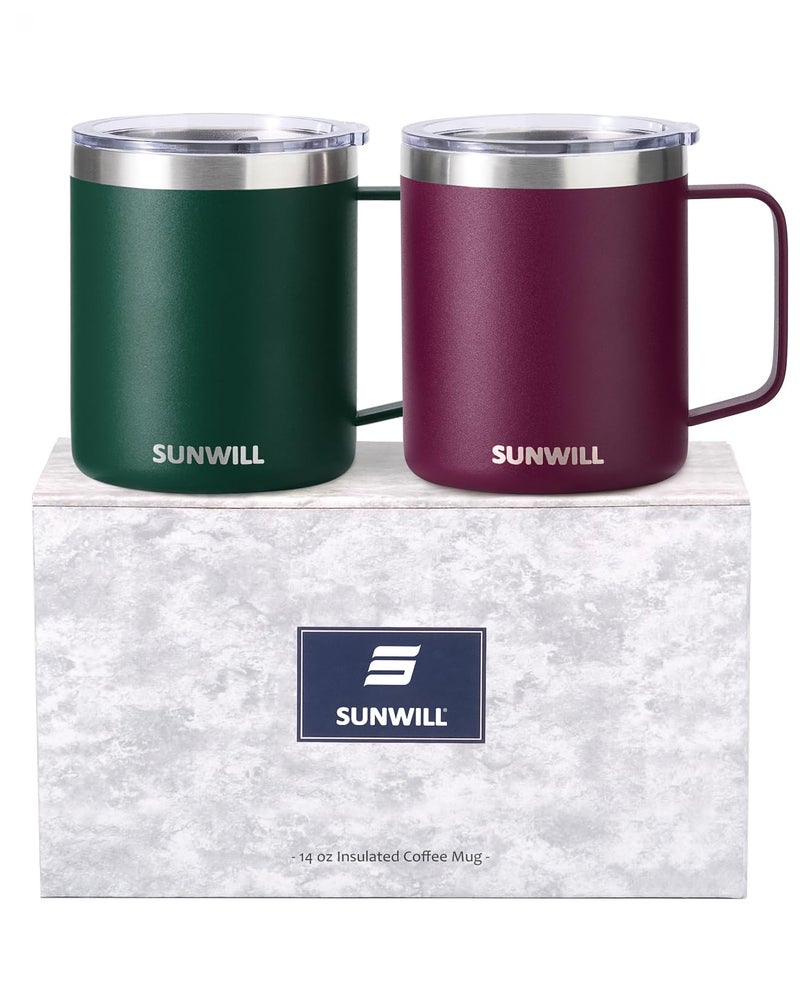 SUNWILL Travel Coffee Mug Set of 2 Insulated Tumbler with Lid 14 oz Stainless Steel Cup with Handle for Camping Office Home Powder Coated Forest Green  Plum