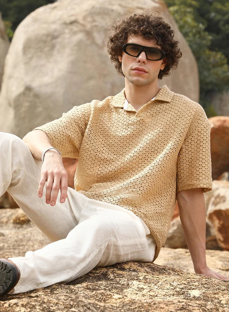 Men's Buff Beige Lozenge Oversized Polo T-Shirt