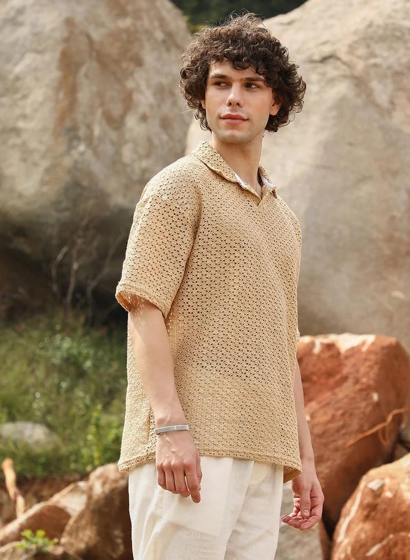 CAHOOT  Men's Buff Beige Lozenge Oversized Polo T-Shirt for Men | Best Price UAE