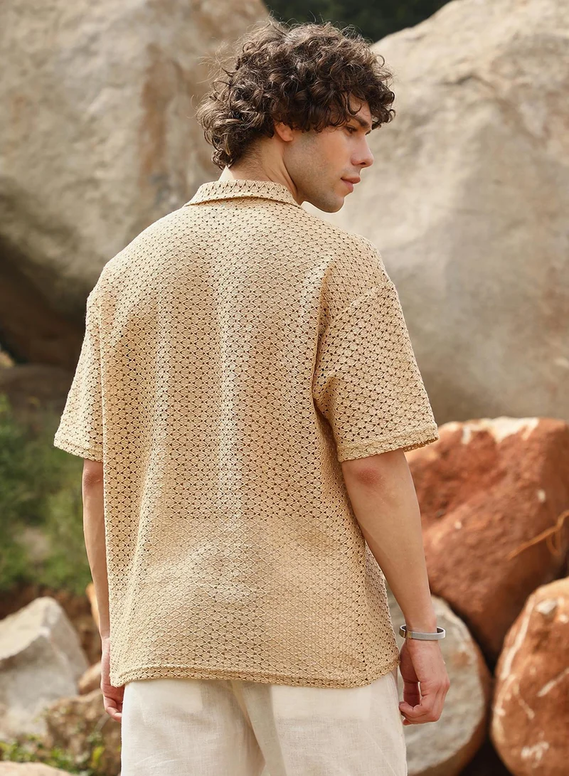 CAHOOT  Men's Buff Beige Lozenge Oversized Polo T-Shirt for Men | Best Price UAE