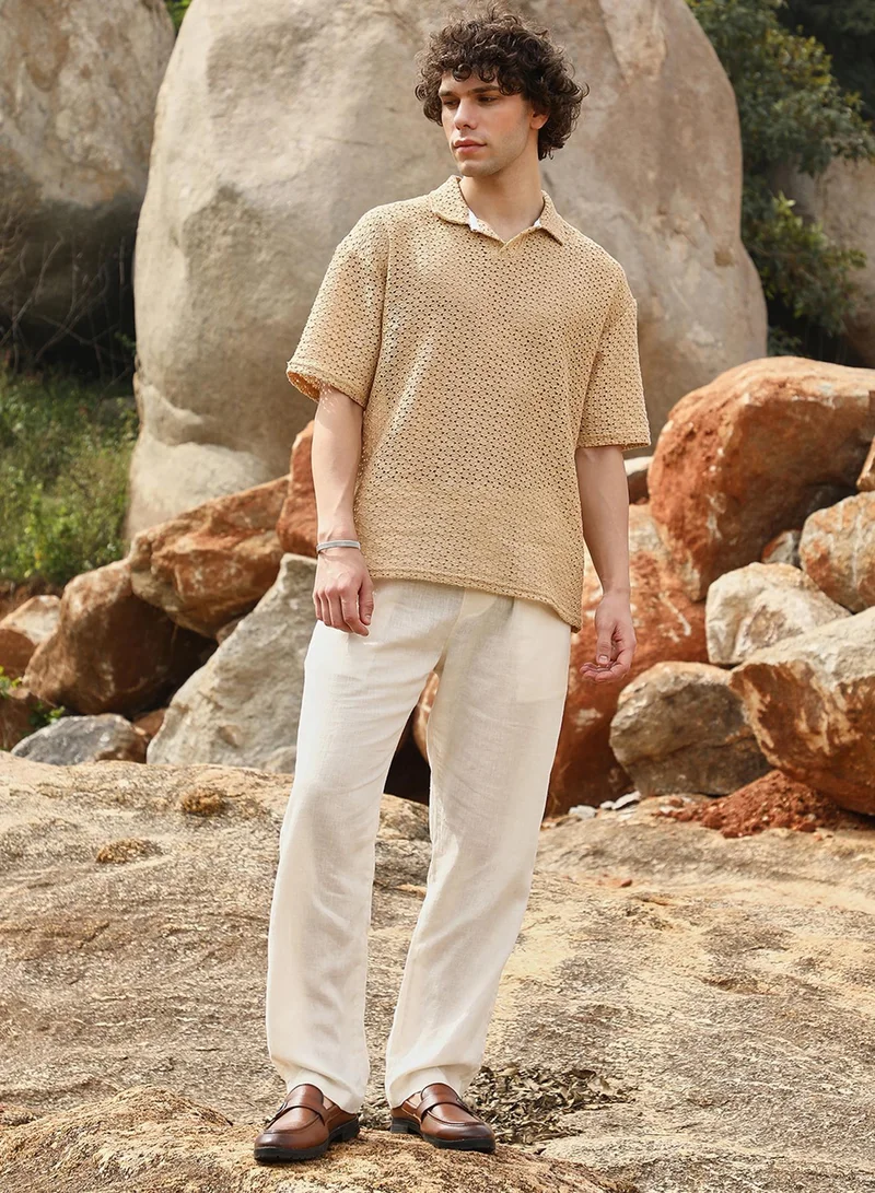CAHOOT  Men's Buff Beige Lozenge Oversized Polo T-Shirt for Men | Best Price UAE
