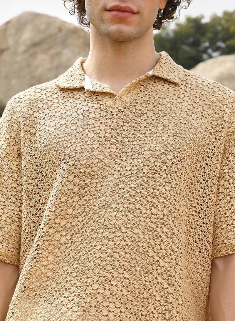 CAHOOT  Men's Buff Beige Lozenge Oversized Polo T-Shirt for Men | Best Price UAE