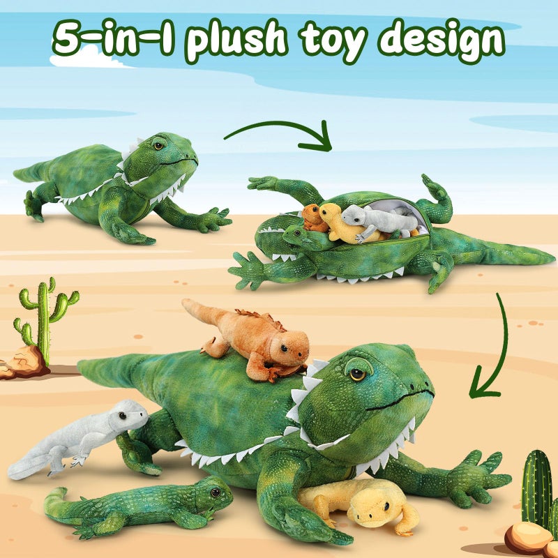 MorisMos Lizard Stuffed Animal with 4 Babies Inside, 26in Stuffed Lizard Plush with Zippered Belly, Bearded Dragon Stuffed Animal Mommy Babies Set for Kids Boys Girls on Christmas, Birthday - Image 2