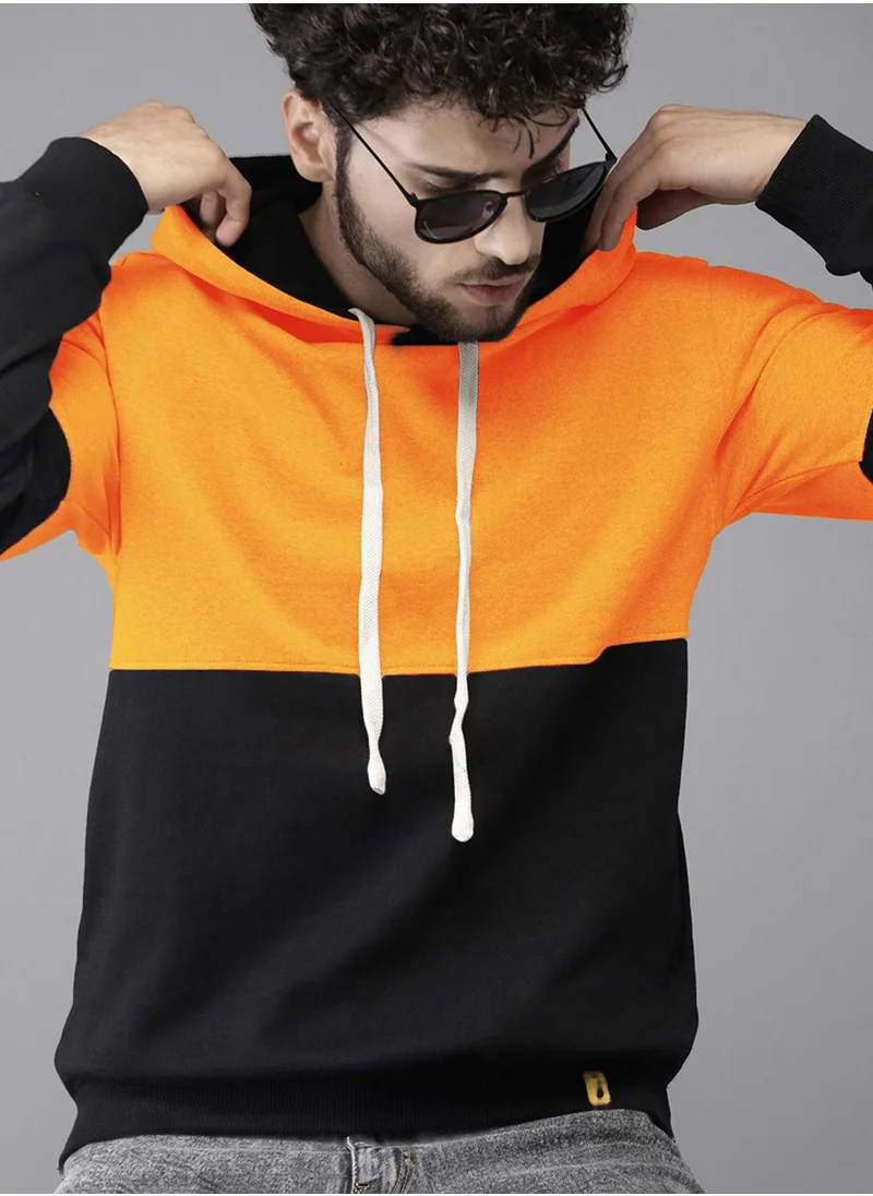 Campus Sutra Men's Black & Mustard Yellow Pullover Hoodie With Ribbed Hem