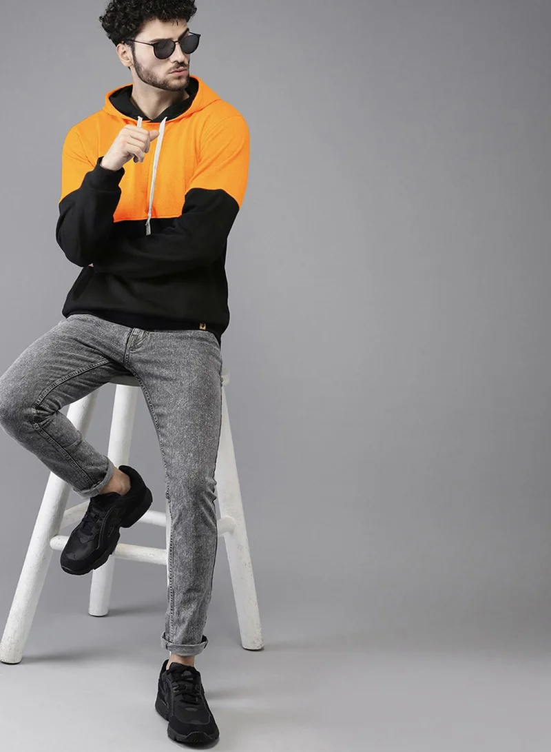 Campus Sutra Men's Black & Mustard Yellow Pullover Hoodie With Ribbed Hem