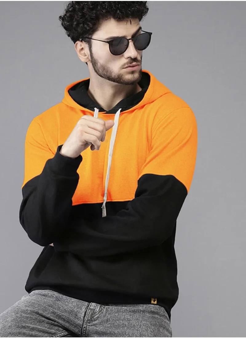 Campus Sutra Men's Black & Mustard Yellow Pullover Hoodie With Ribbed Hem