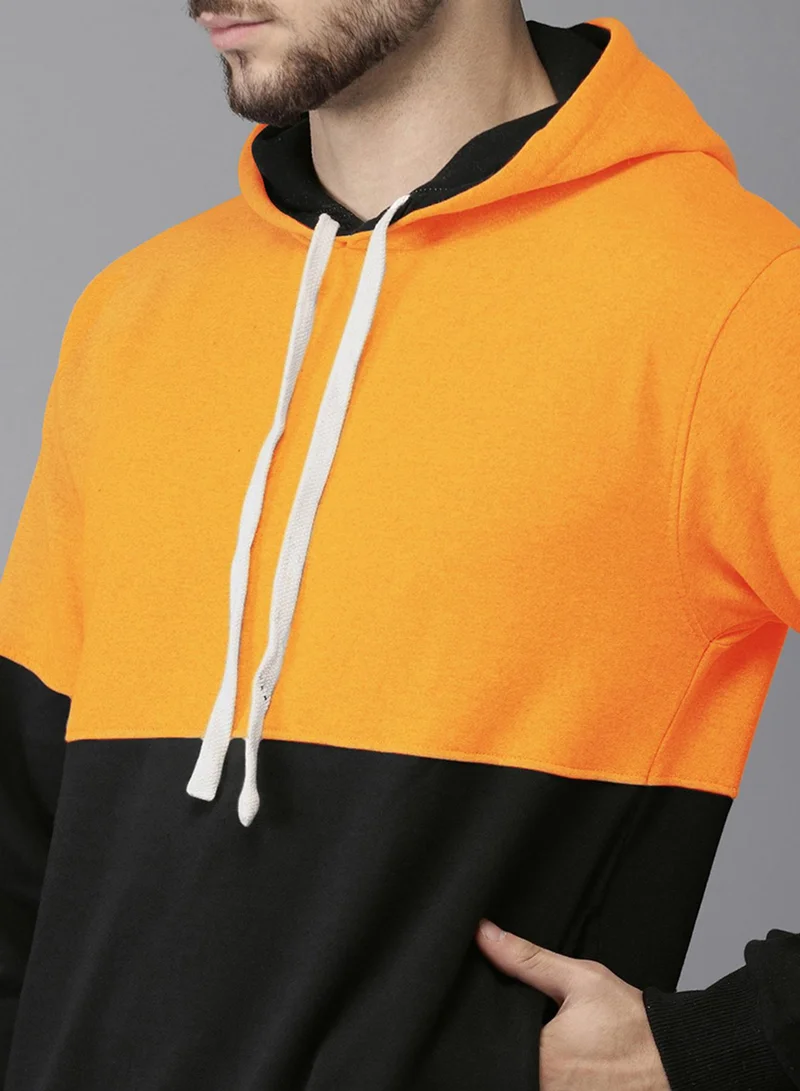 Campus Sutra Men's Black & Mustard Yellow Pullover Hoodie With Ribbed Hem