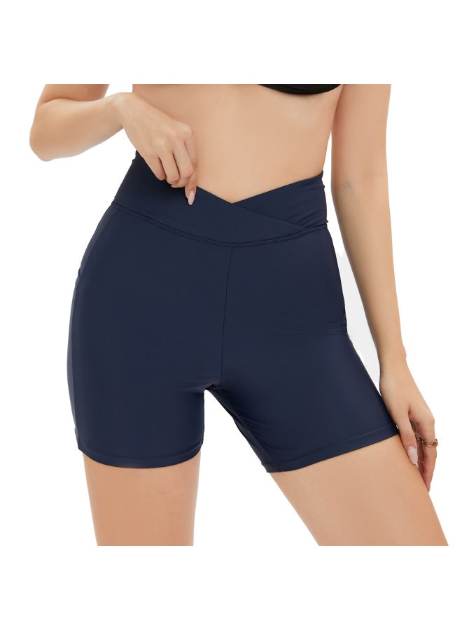 إسكدنيا سراويل سباحة عالية الخصر 2023 سراويل سباحة أوروبية وأمريكية سراويل سباحة مرنة نحيفة للنساء سراويل سباحة محافظة للسيدات - اللون: كحلي - - Image 2