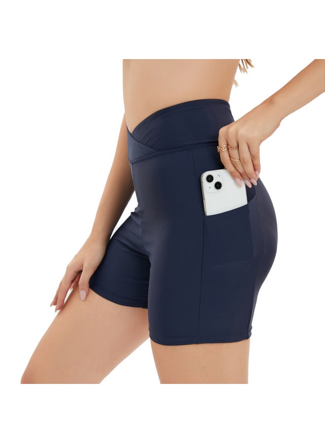 إسكدنيا سراويل سباحة عالية الخصر 2023 سراويل سباحة أوروبية وأمريكية سراويل سباحة مرنة نحيفة للنساء سراويل سباحة محافظة للسيدات - اللون: كحلي - - Image 4