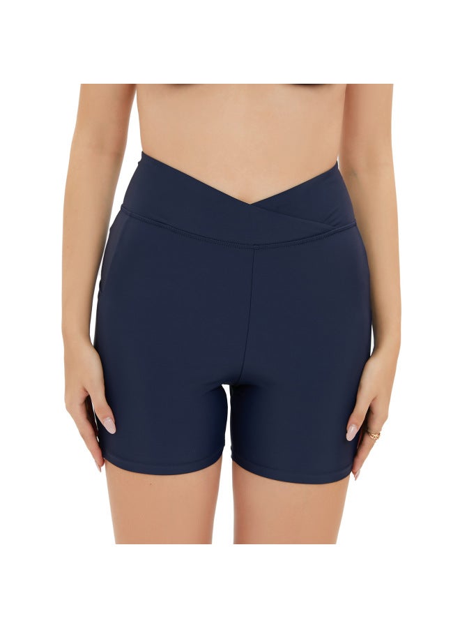 إسكدنيا سراويل سباحة عالية الخصر 2023 سراويل سباحة أوروبية وأمريكية سراويل سباحة مرنة نحيفة للنساء سراويل سباحة محافظة للسيدات - اللون: كحلي - - Image 1