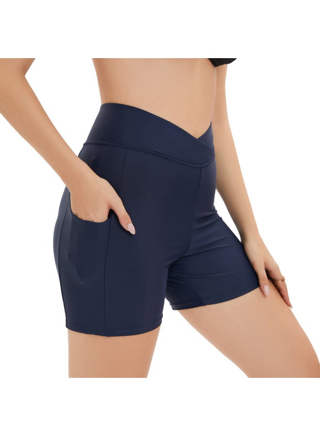 إسكدنيا سراويل سباحة عالية الخصر 2023 سراويل سباحة أوروبية وأمريكية سراويل سباحة مرنة نحيفة للنساء سراويل سباحة محافظة للسيدات - اللون: كحلي - - Image 3