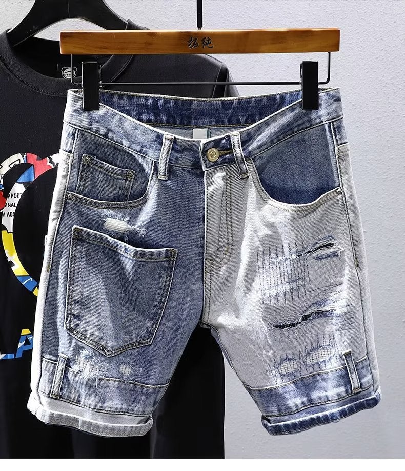 2024 Summer Thin Mens Handsome Denim Shorts with Holes for Young Men Fashionable All-match Internet Trendy Brand Five-point Pants Medium Pants Light blue 
