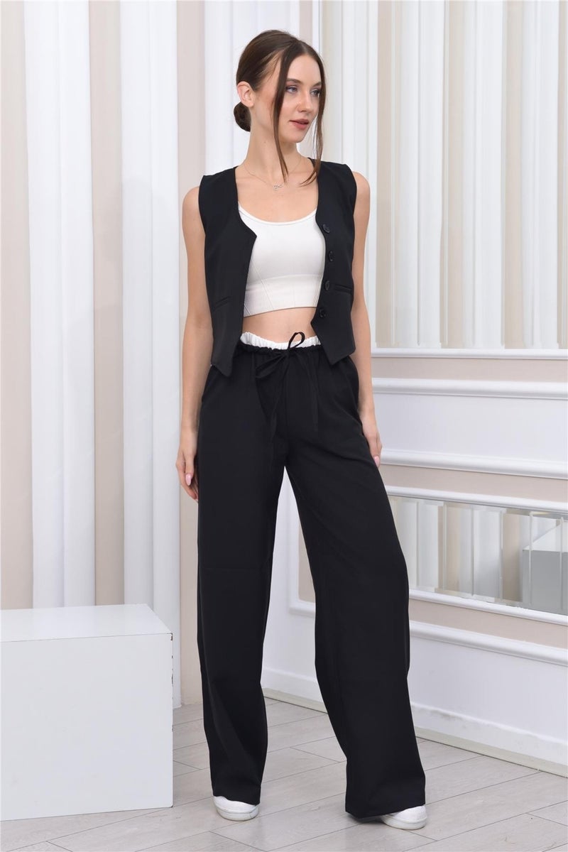 Nuseel Boxer Detailed Casual Trousers & Vest Two Piece Set Black - Image 1