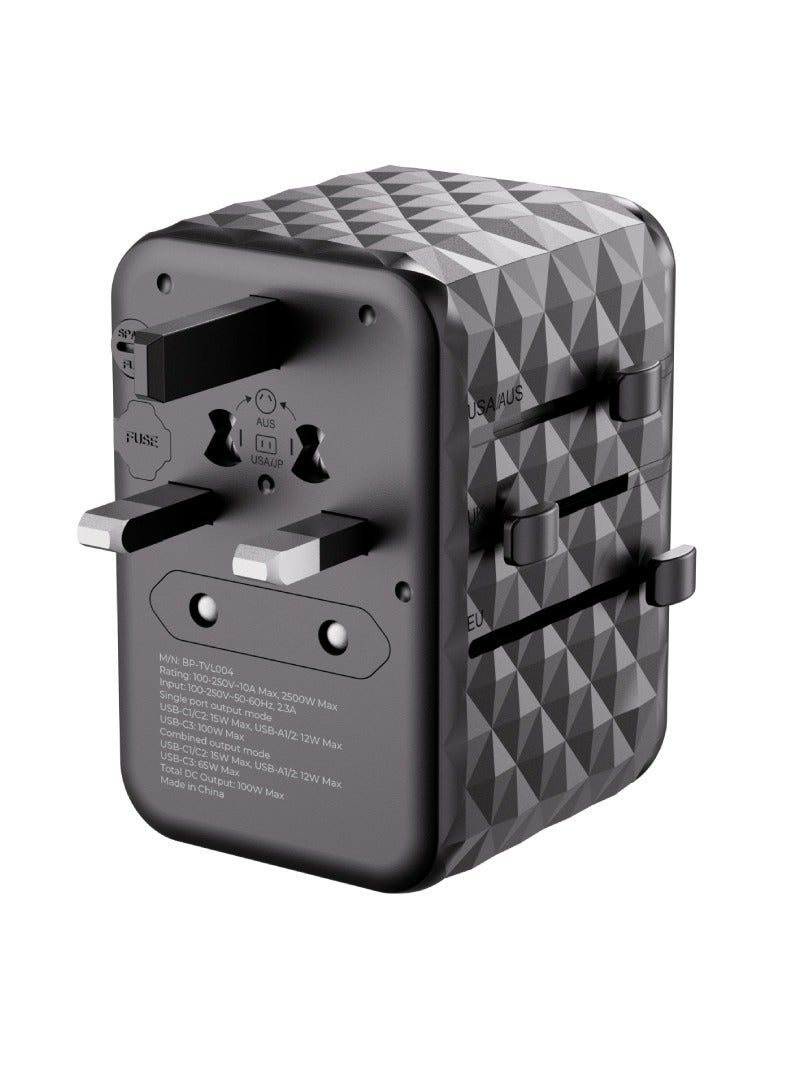 blupebble Passport 4 World Travel Adapter With GaN III Tech 100W Fast Charging, 3 USB-C, 2 USB-A Worldwide Wall Charger for iPhone, Tablets, Laptop, Plug Adapter USA, UK, EU, AU - Image 3