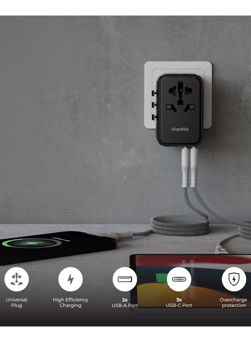 blupebble Passport 4 World Travel Adapter With GaN III Tech 100W Fast Charging, 3 USB-C, 2 USB-A Worldwide Wall Charger for iPhone, Tablets, Laptop, Plug Adapter USA, UK, EU, AU - Image 4