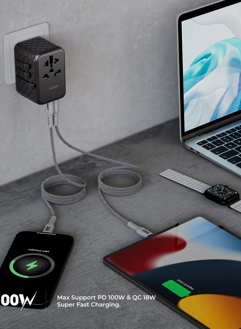 blupebble Passport 4 World Travel Adapter With GaN III Tech 100W Fast Charging, 3 USB-C, 2 USB-A Worldwide Wall Charger for iPhone, Tablets, Laptop, Plug Adapter USA, UK, EU, AU - Image 5