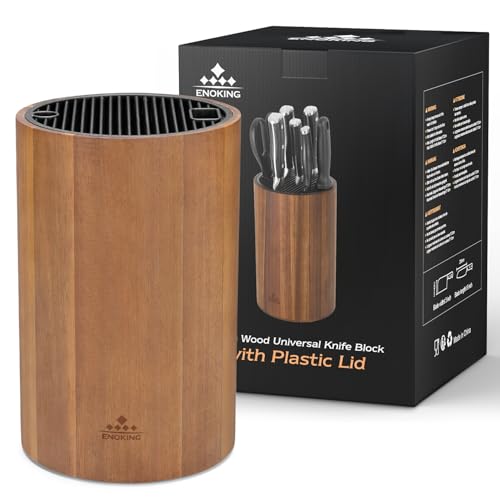 Enoking Universal Knife Block Holder with Plastic Lid, Acacia Wood Knife Block without Knives for Scissors, Sharpening Rod and Knives, Round Knife Storage Organizer Display - Image 1