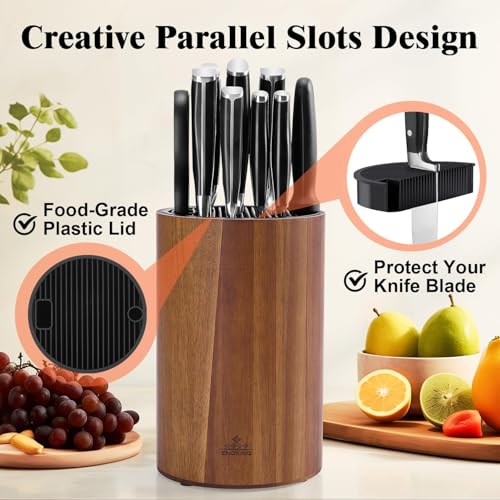 Enoking Universal Knife Block Holder with Plastic Lid, Acacia Wood Knife Block without Knives for Scissors, Sharpening Rod and Knives, Round Knife Storage Organizer Display - Image 2